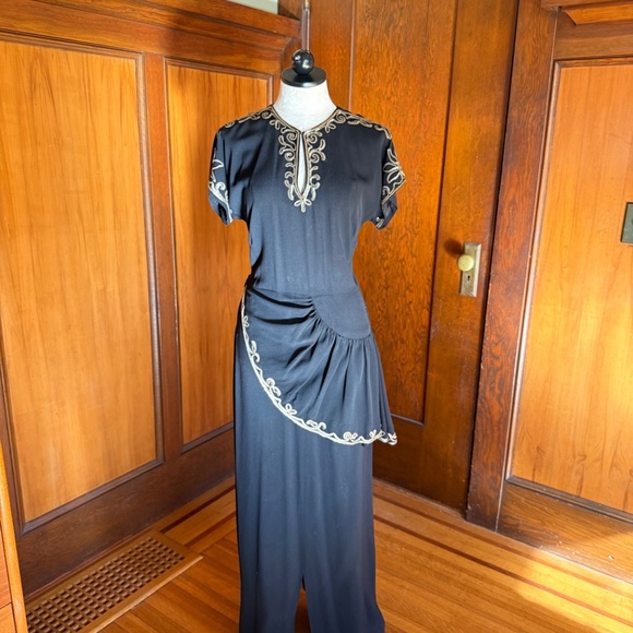 Vintage 40s 1940s Gown Maxi Dress, Black Gold Sequin, Asymmetrical Peplum Rayon - Picture 2 of 8